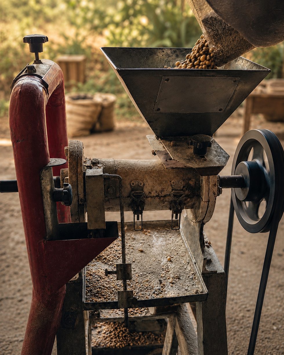 Coffee being dehusked during Copala's processing workflow